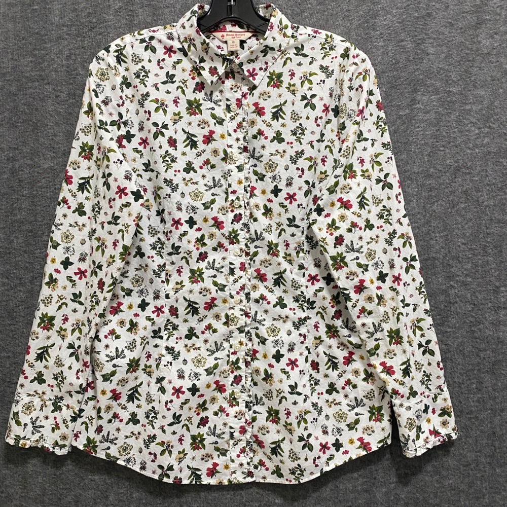 Brooks Brothers Red Fleece Shirt Women 10 Floral Ruffle Button Up Preppy Cottage